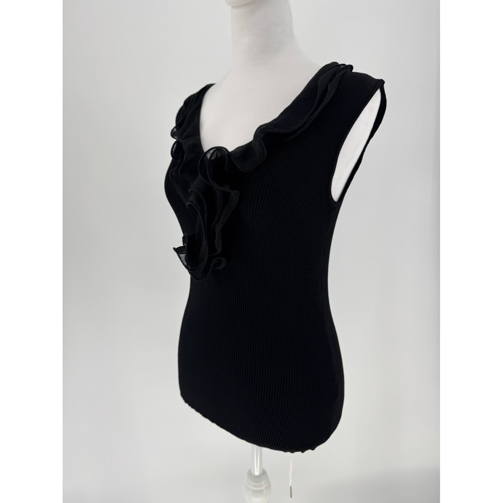 Adrienne Vittadini Black Ruffled V-Neck Ribbed Tank Top, Size M